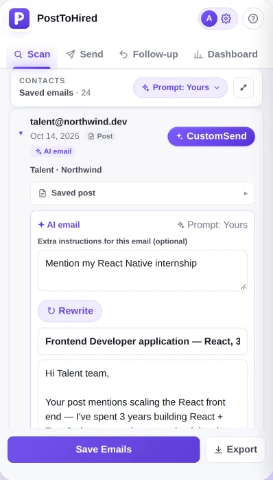 PostToHired writing a personalised cold email to a recruiter from their job post and your resume