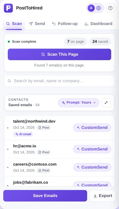 PostToHired side panel listing recruiter emails saved from LinkedIn hiring posts