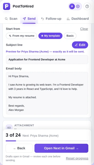 PostToHired Gmail mail merge with a personalised template preview and resume attachment